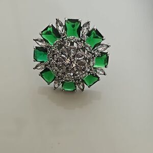 Emeald Large Bold Cocktail Stainless Ring With White Stone & Green